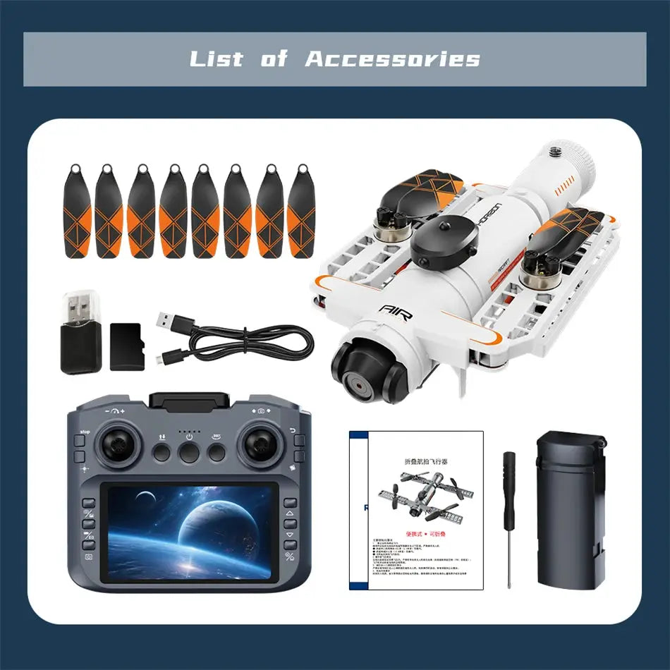 Simples Market AE22 drone accessory kit with white frame, orange accents, eight propellers, remote, charger.