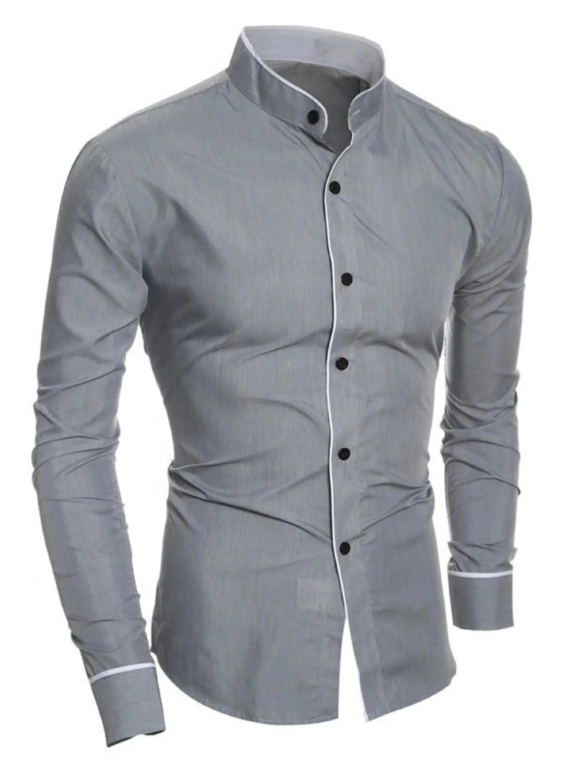 Simples Market men's gray long-sleeve shirt with stand-up collar, white piping along placket and black buttons, slim fit