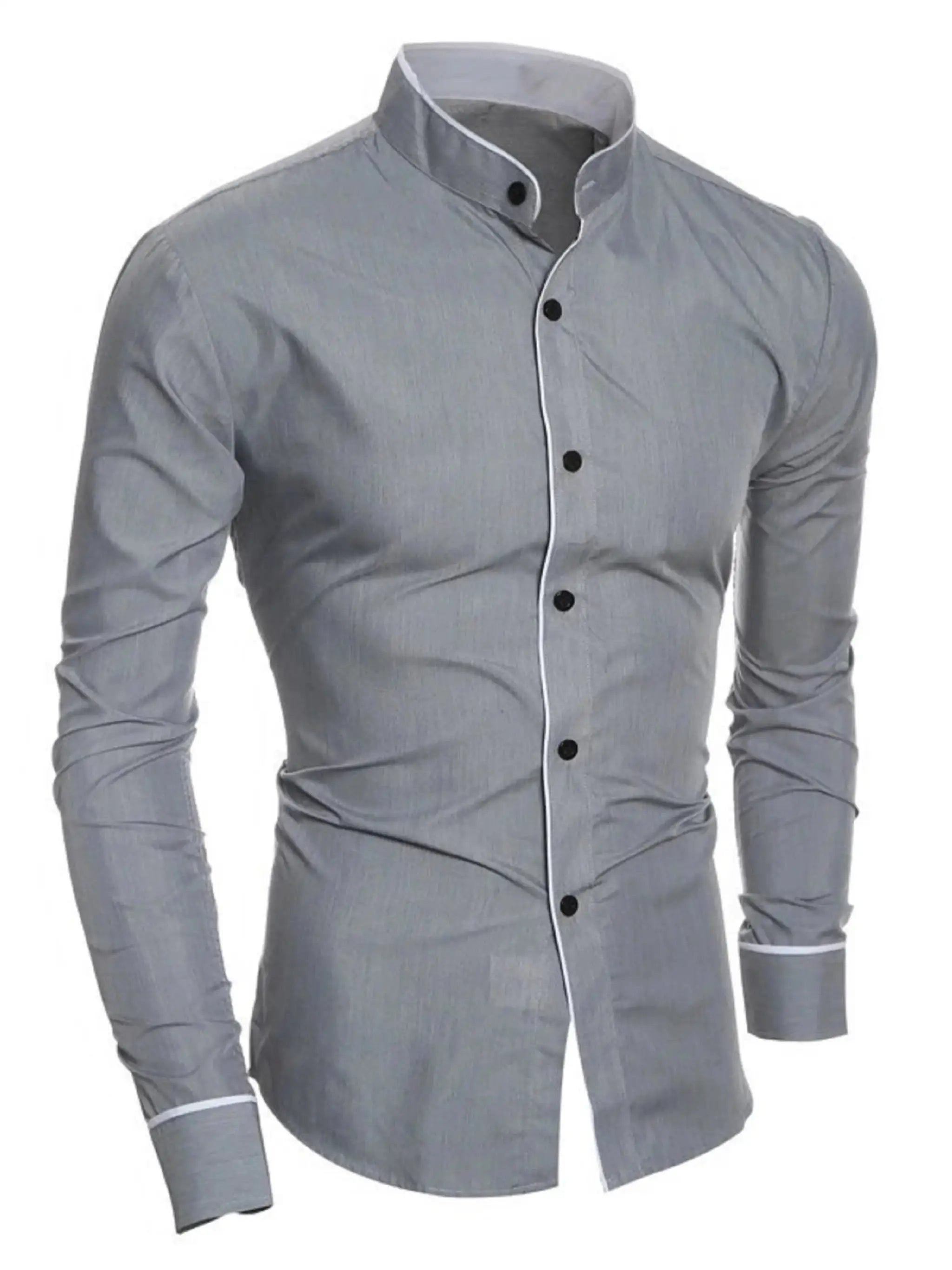 Simples Market men's gray long-sleeve shirt with stand-up collar, white piping along placket and black buttons, slim fit