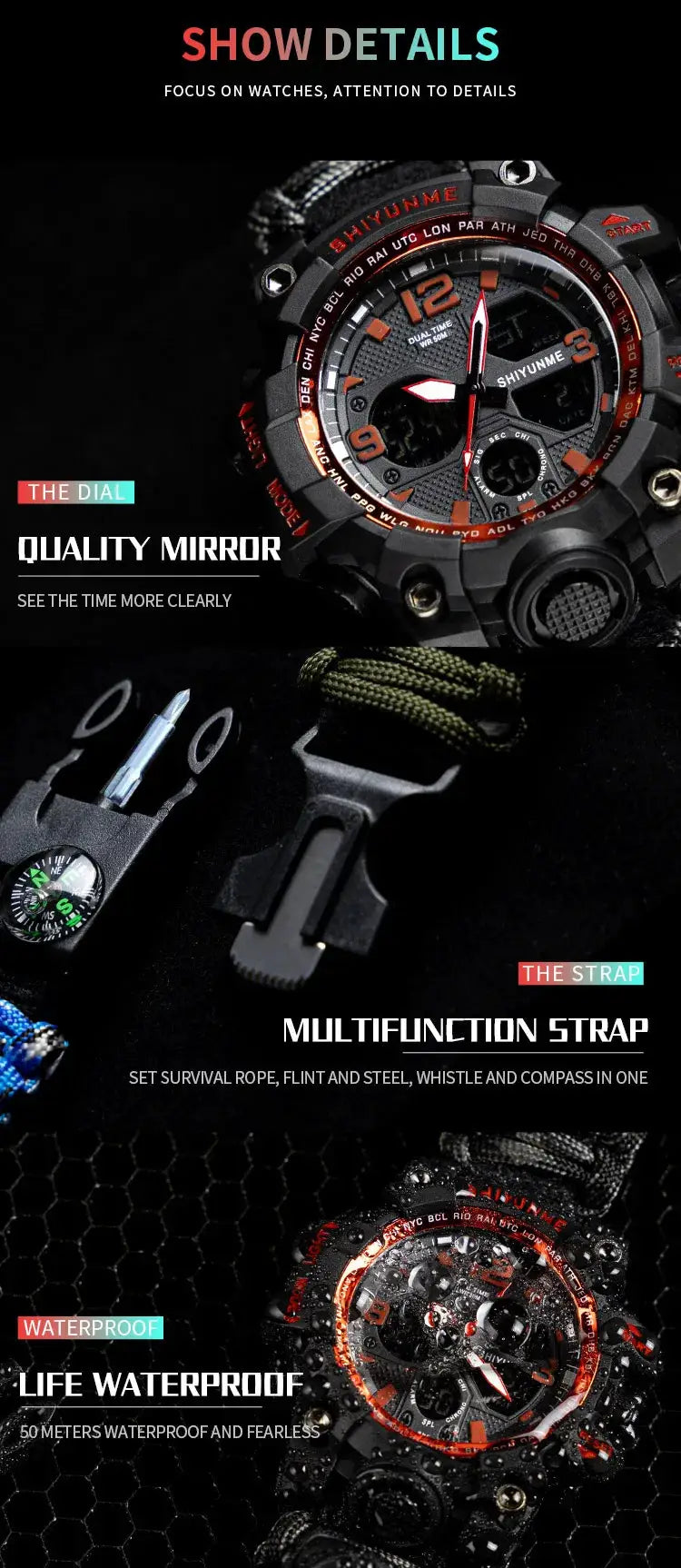 SHIYUNM New Men Military Sports Digital Watch with compass, black case, orange accents, waterproof, by Simples Market.
