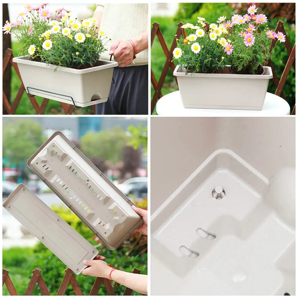 Balcony planter with tray and hanging rack, beige plastic rectangular long flower pot