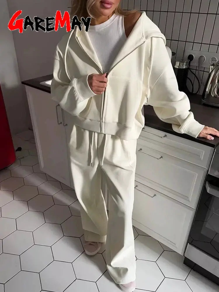 Autumn Women Tracksuit With Zipper Hooded Jacket And Wide Leg Trousers Two Piece Set Yellow Sportswear