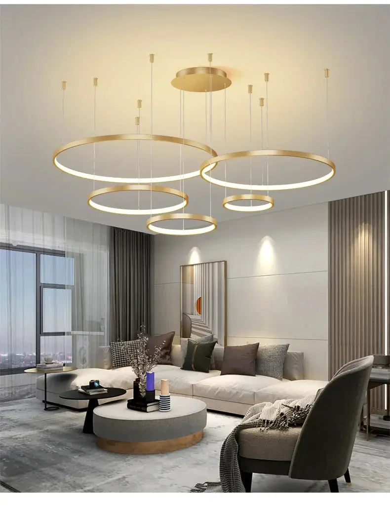 Simples Market minimalist gold finish five-ring pendant lights, LED chandelier for living room