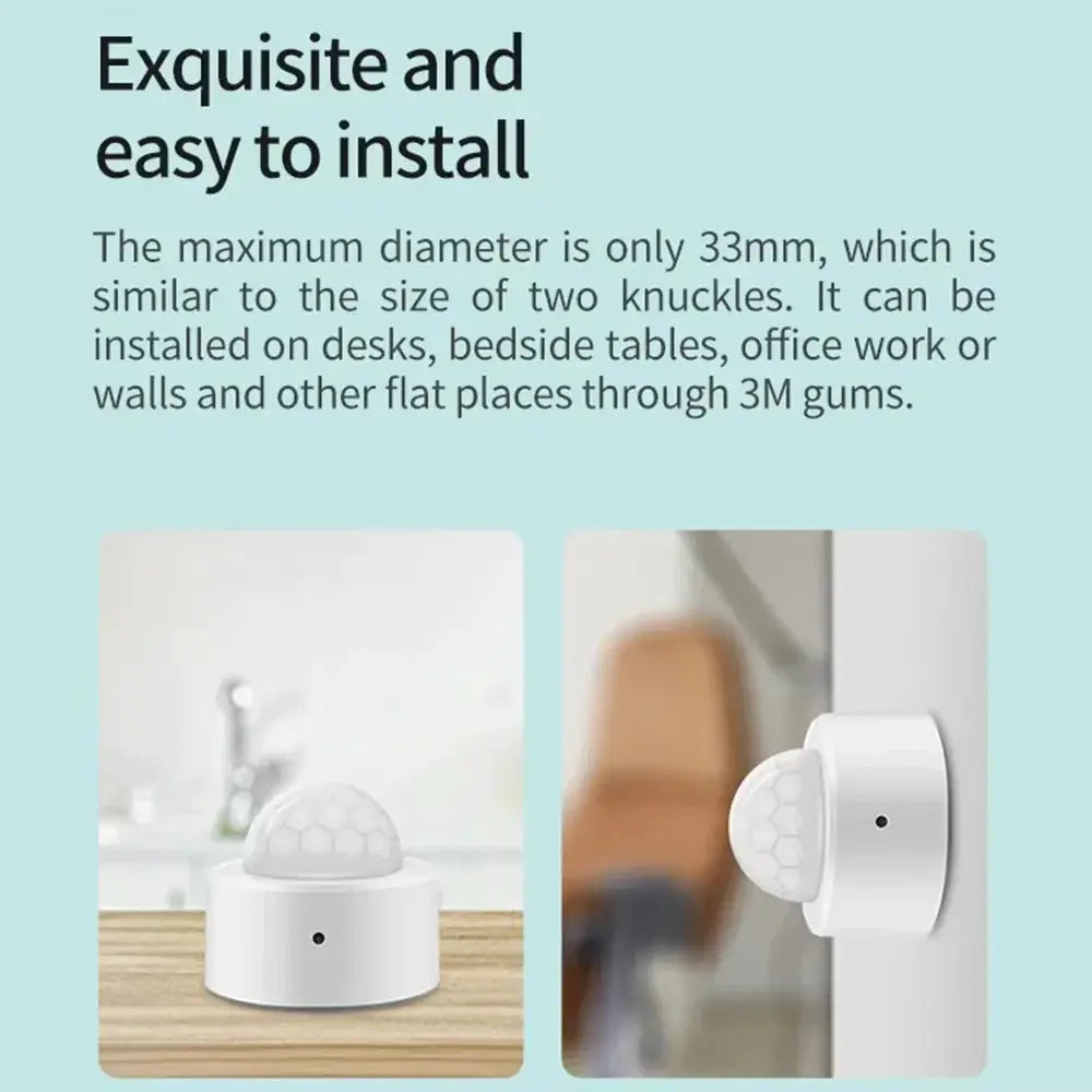 Zigbee PIR motion sensor by Simples Market, white dome on base, shown in two views
