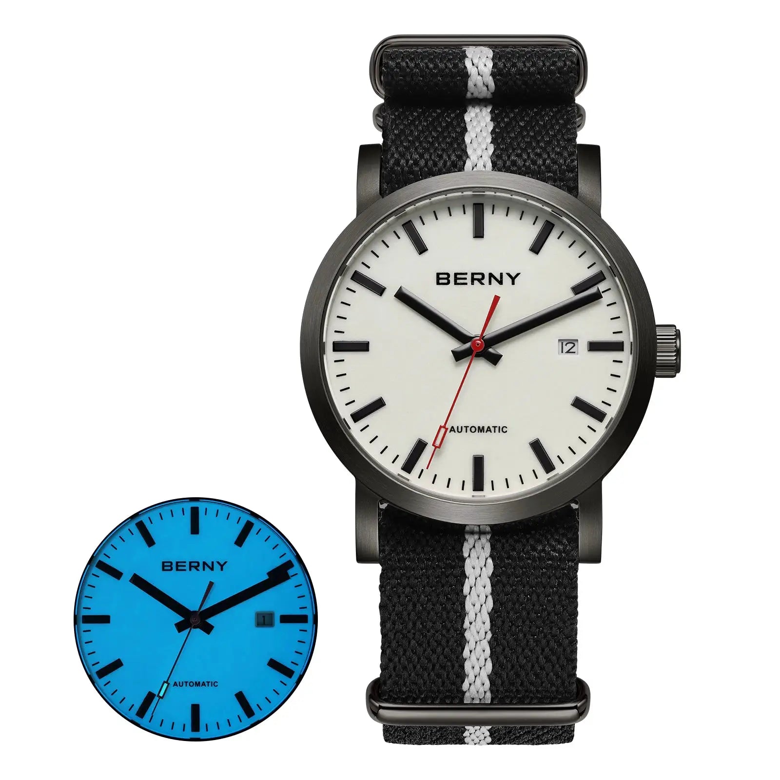 BERNY automatic men's wristwatch with white dial, 316L stainless steel case, and striped black-and-white fabric strap