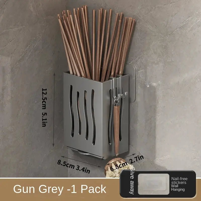 Chopsticks storage box, gun grey wall-mounted with drainage slots and utensil hooks by Simples Market