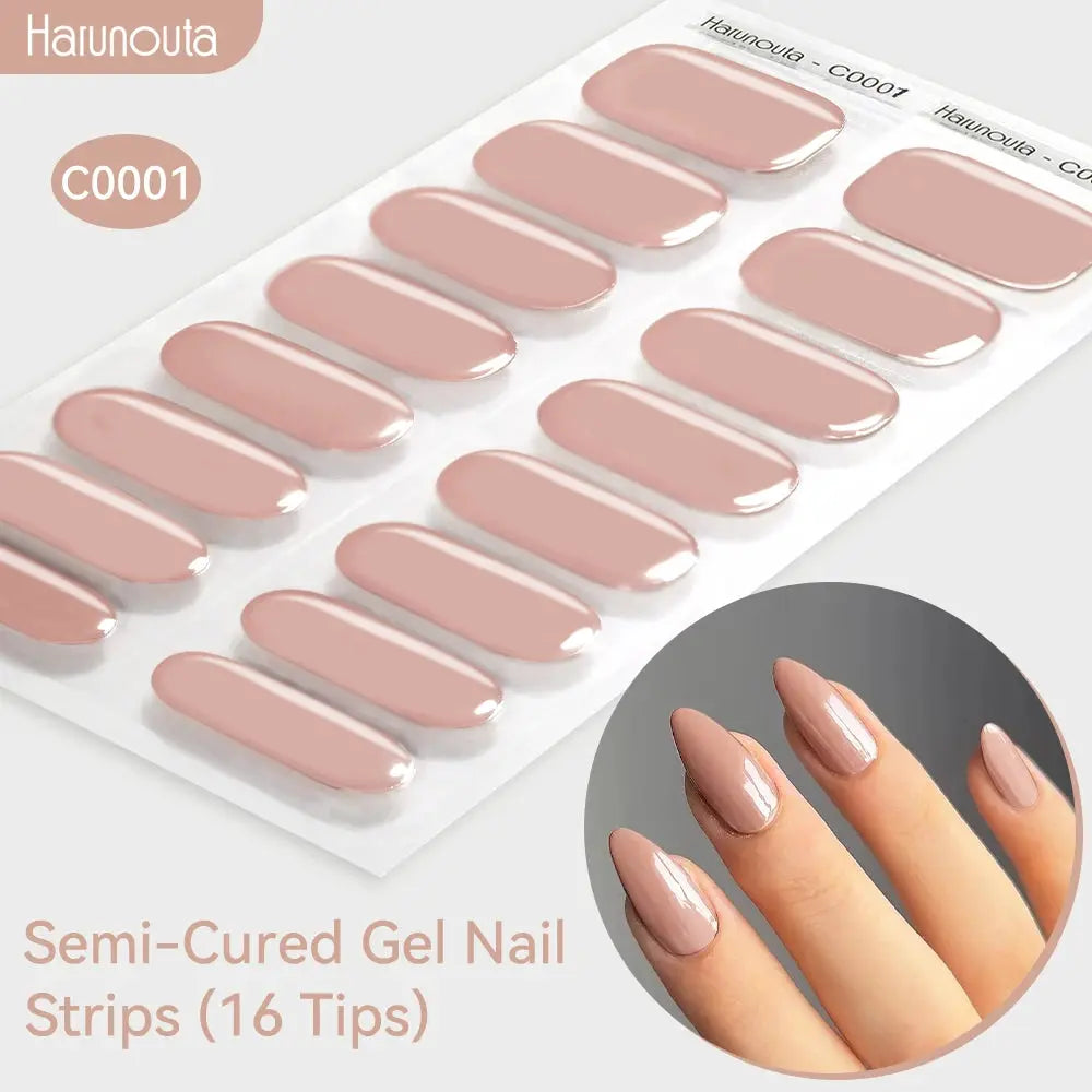 Gradient Auroras semi-cured gel nail strips, nude pink glossy finish, 16 tips, Simples Market; UV/LED compatible