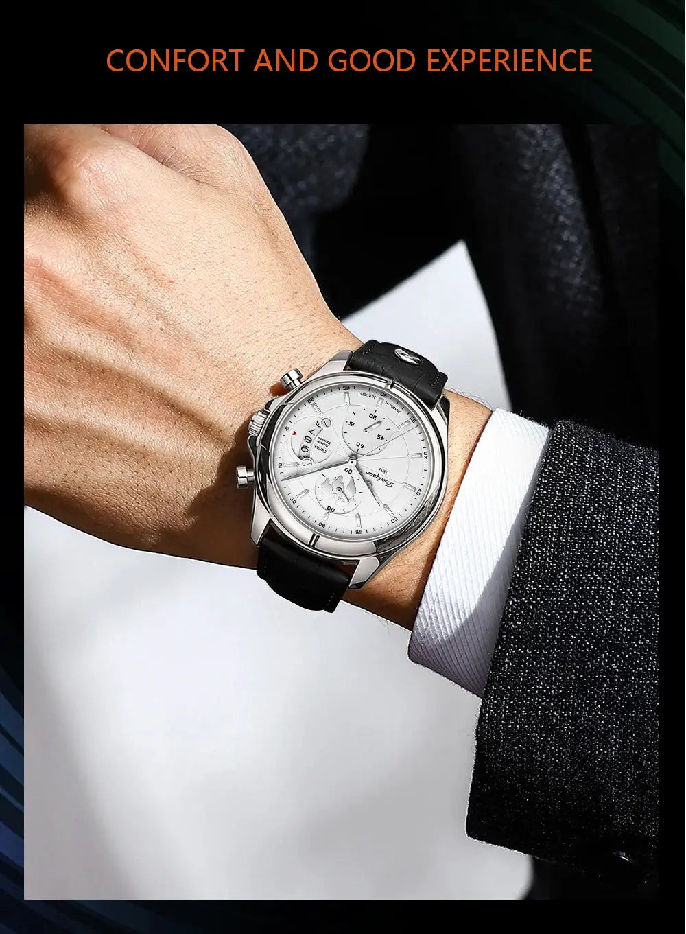 POEDAGAR men's luxury chronograph wristwatch with silver case, white dial and black leather strap