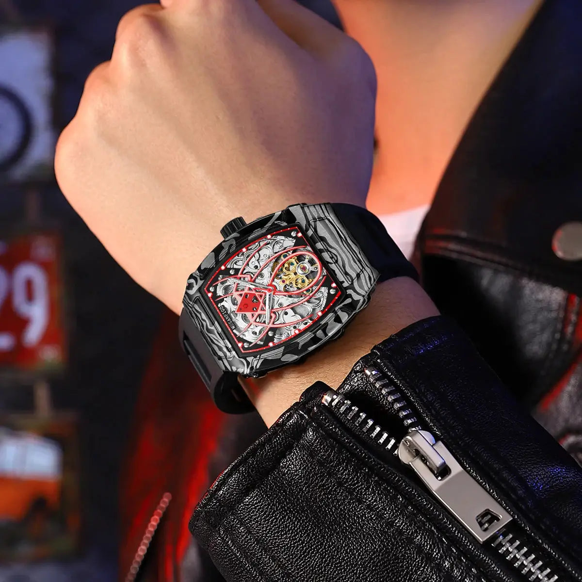 MUSANFIGO automatic hollow mechanical watch; barrel-shaped black case with skeleton dial, red accents and visible gears