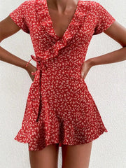 Summer Floral A Line Dress For Women V Neck Ruffles Mini Dress