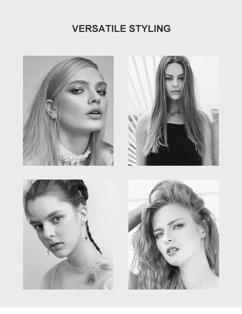 Hair smoothing comb brush by Simples Market - collage of four grayscale fashion portraits.