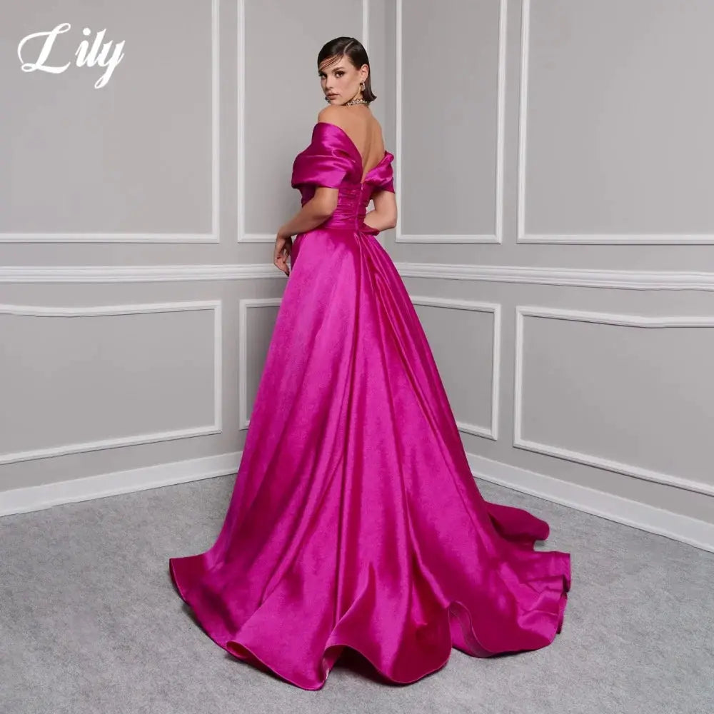 Lily Red Satin Prom Gown Off Shoulder Party Dress Pleated Side Split