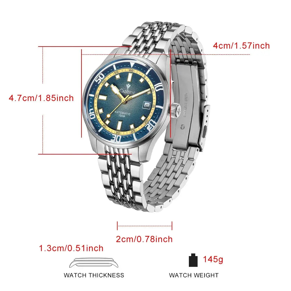 CADISEN automatic mechanical watch, stainless steel bracelet, blue dial with gold-tone bezel.