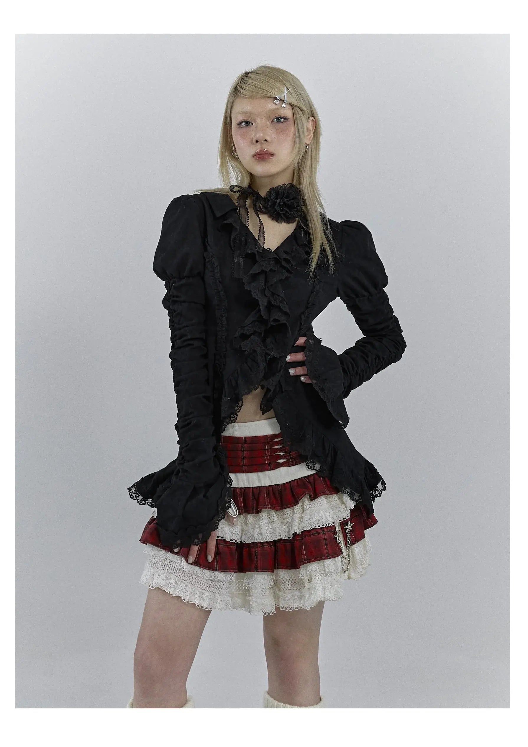 Karrcat Gothic Black Lace Shirt from Simples Market, black lace blouse with ruffles and puff sleeves.
