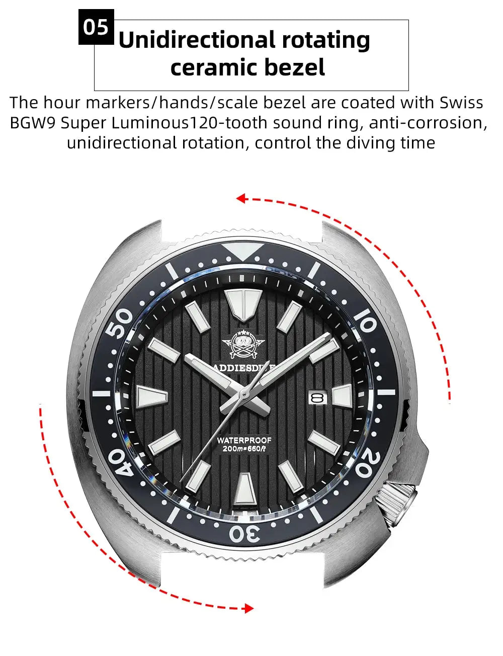ADDIESDIVE Men's New Outdoor Quartz Watch 200M Diving BGW9 Super Blue Luminous Watch Sapphire Glass Men's Stainless Steel Watch
