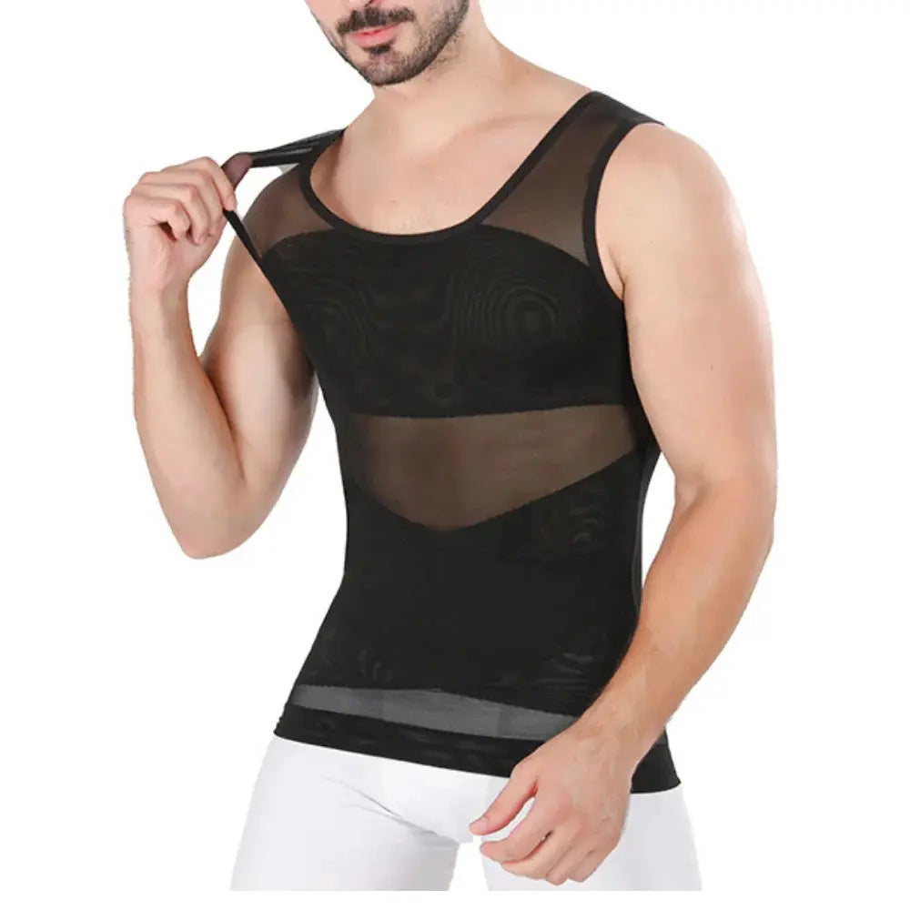 Men's black mesh compression tank top with sheer chest panels and a gray waist band.