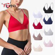 Flarixa triangle-cup bralette red with deep V-neck and thin straps; shows multiple color options on the right