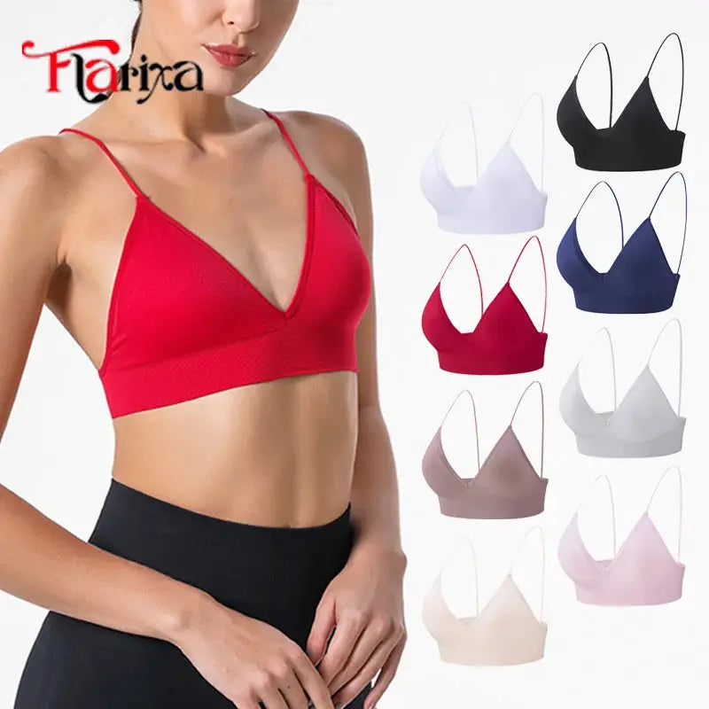 Flarixa triangle-cup bralette red with deep V-neck and thin straps; shows multiple color options on the right