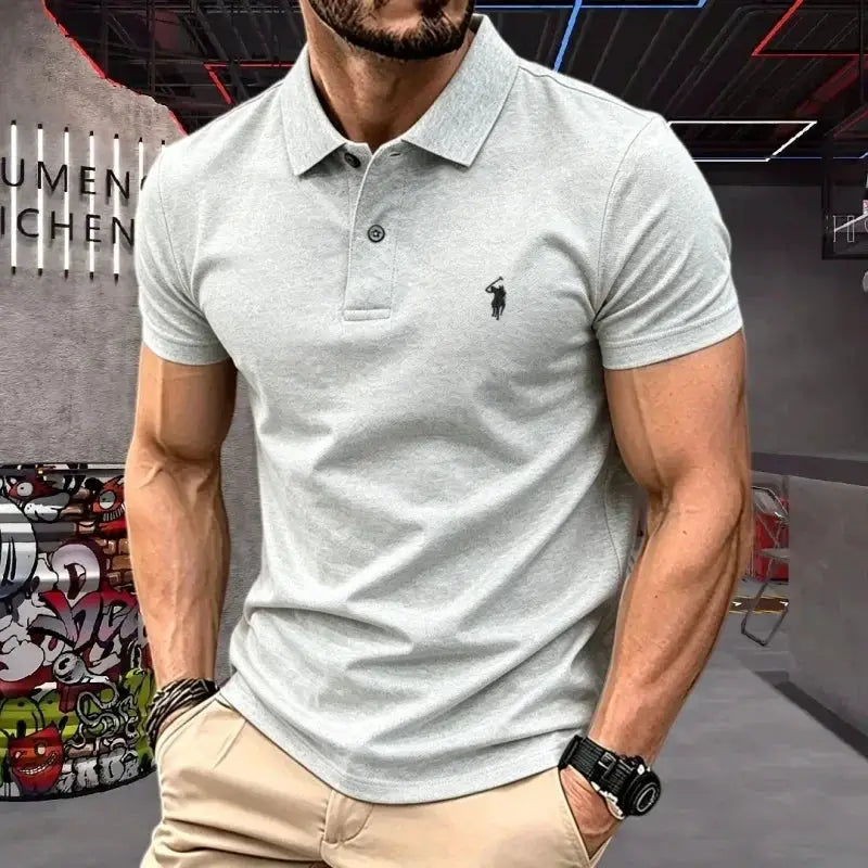 Men's light gray 100% cotton polo shirt with small pony embroidery