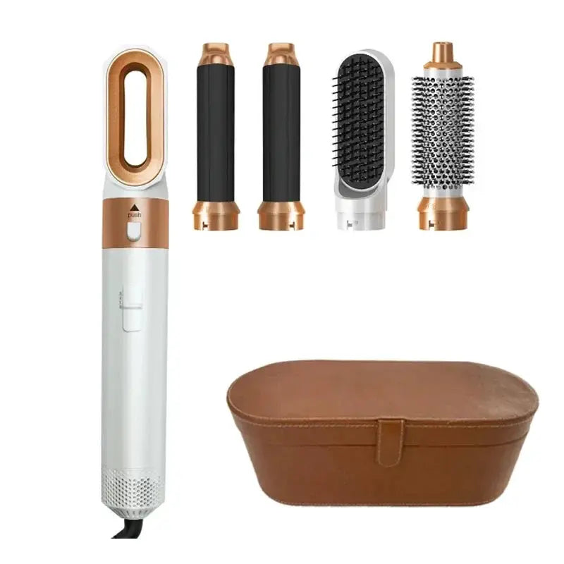 5-in-1 hair styling tool set with white and rose-gold handle, multiple attachments, and brown carrying case