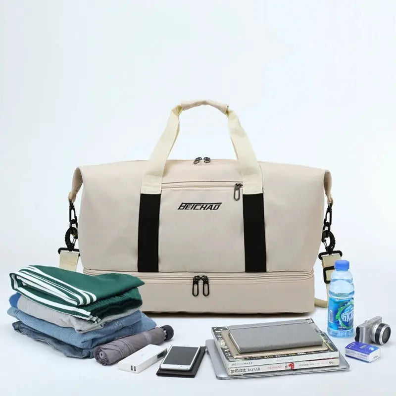 Beige expandable travel duffle bag with black straps and BEICHAD logo; large capacity for weekend trips.