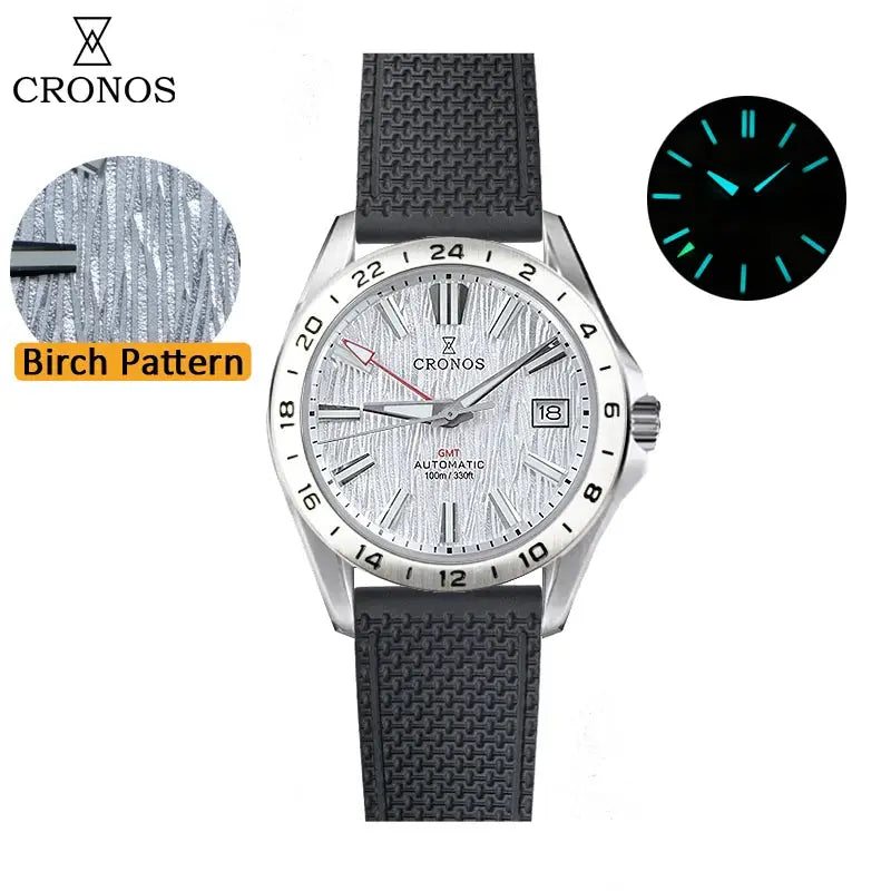Cronos GS mechanical mens watch, 39mm birch pattern dial, GMT automatic, sapphire glass, brushed bracelet