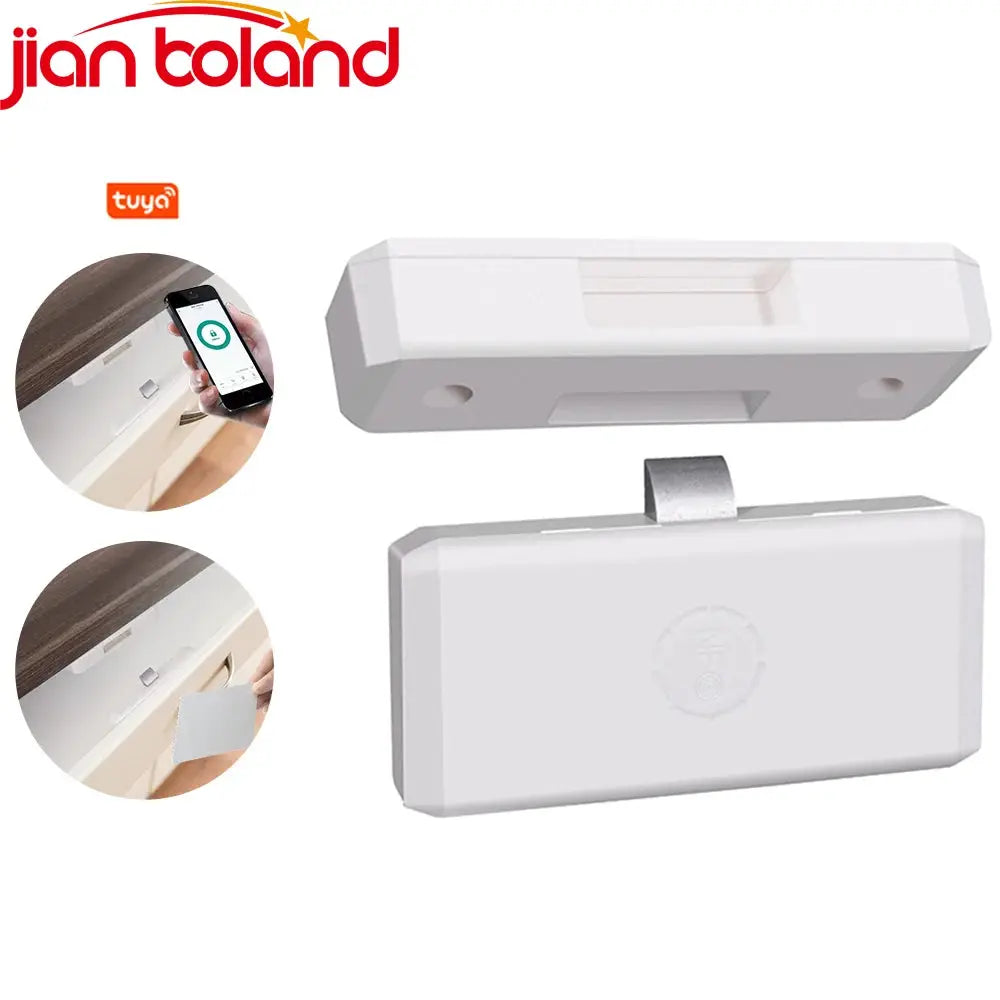 Two Tuya smart drawer locks for file cabinets, white plastic, NFC keyless access with app control