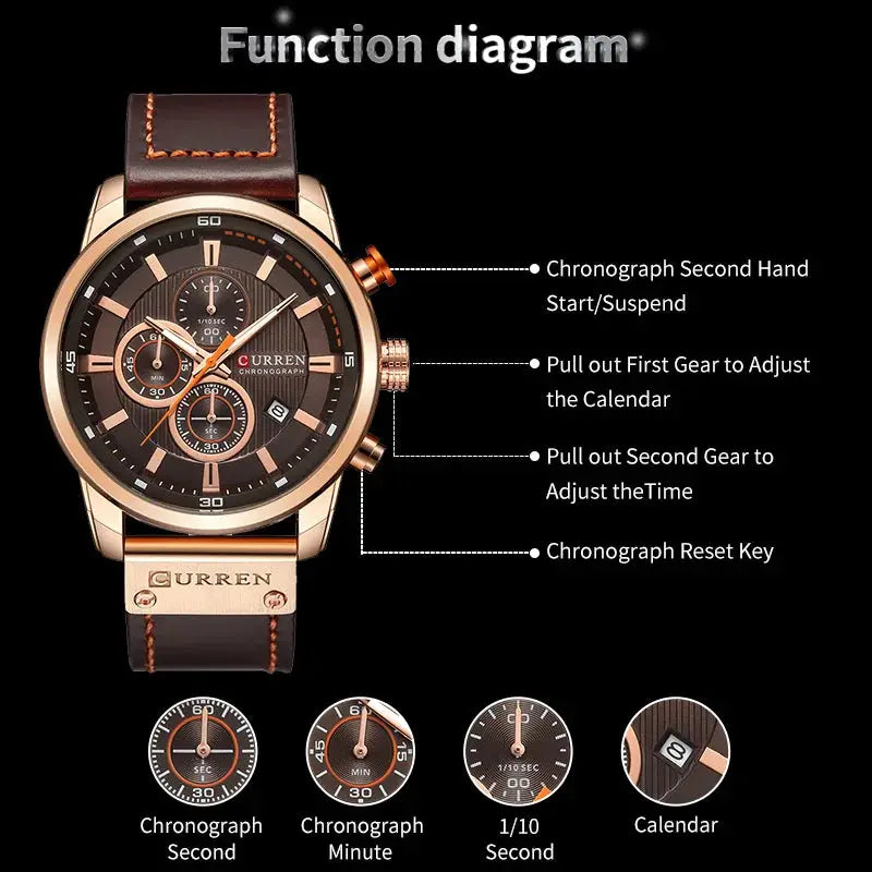 CURREN 8291 men's chronograph watch with brown leather strap and rose-gold case