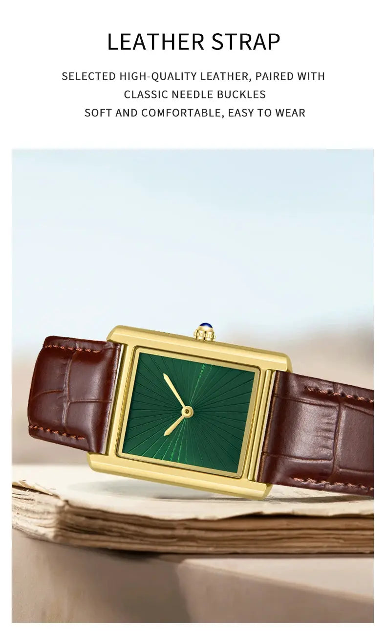 Square gold-tone wristwatch with green dial and brown leather strap; two-hand quartz movement and slim, elegant design.