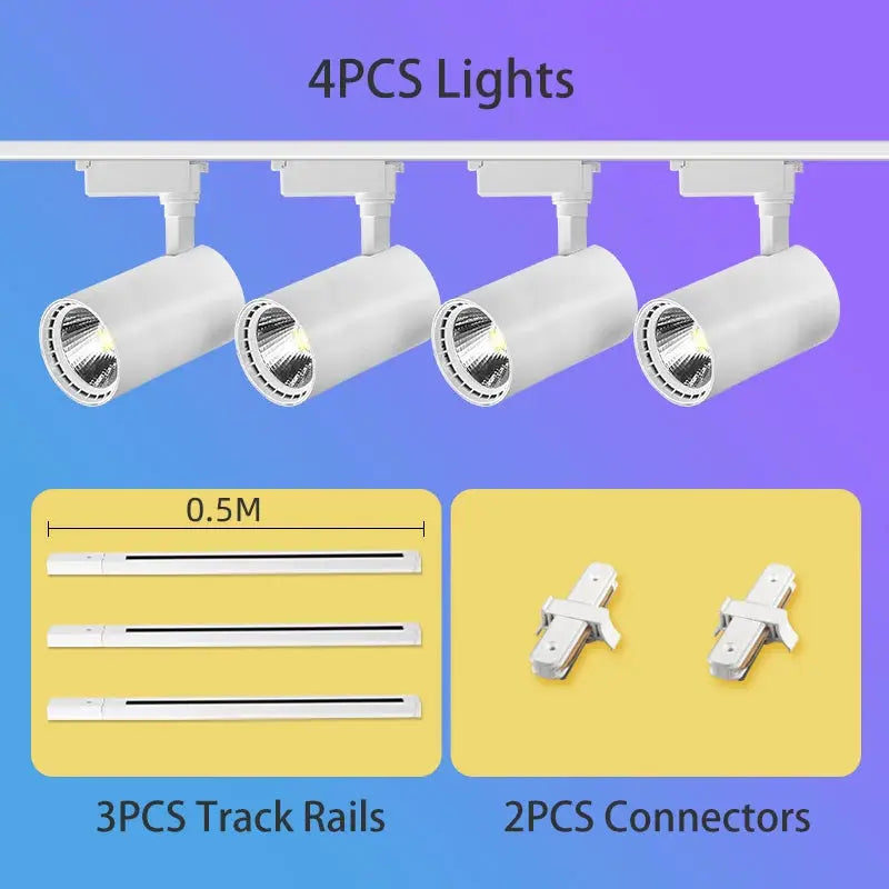 Simples Market 4-spot white LED track lighting kit with 3 rails and 2 connectors