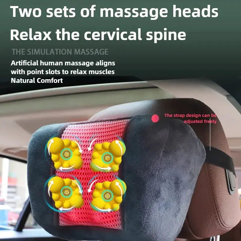 Massage seat cushion Simples Market; black with red mesh, four yellow massage heads, built-in heating.