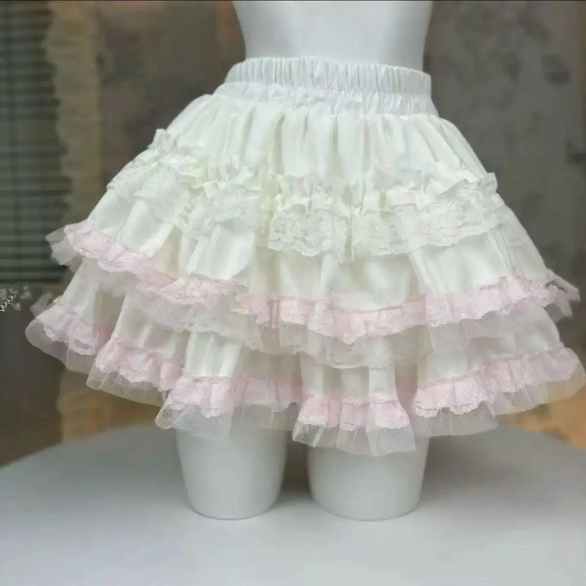 Simples Market Lolita cake skirt, white tiered mini with lace trim and pink ruffle edges