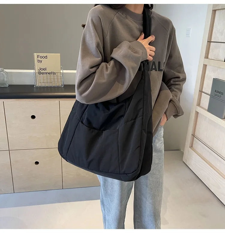 Trendy women's soft cloth shoulder bag, black oversized crossbody