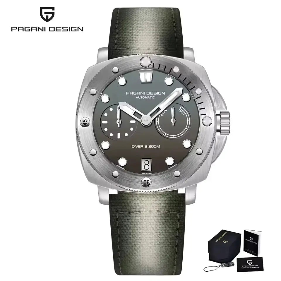 PAGANI DESIGN men's automatic diver watch, stainless steel case, green gradient dial, green strap; watch with box.