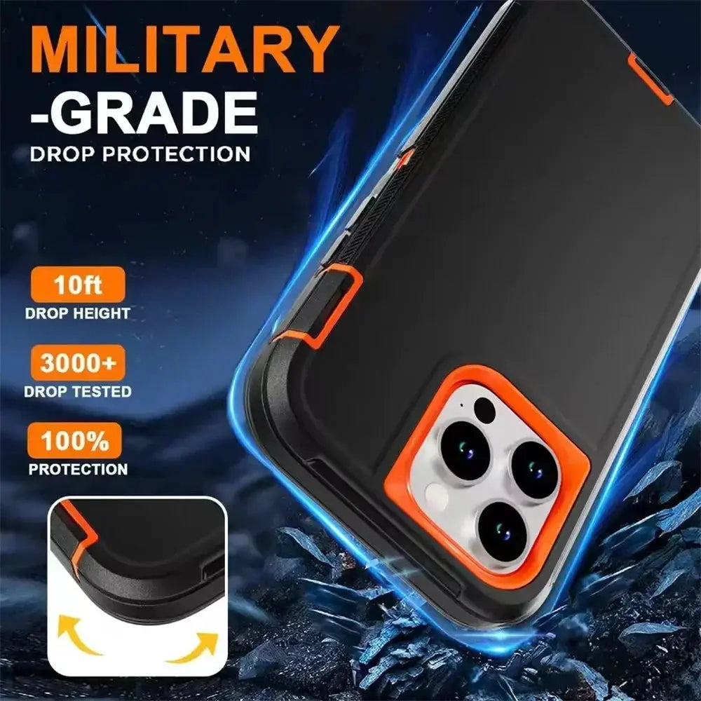 Simples Market 3-in-1 heavy-duty iPhone case, black with orange bumper, drop-proof for iPhone 17–11 Pro Max