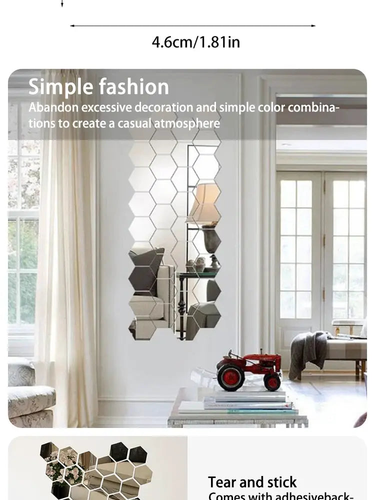 Hexagonal acrylic mirror wall stickers, 12pcs, clear honeycomb tiles for modern living room decor Simples Market