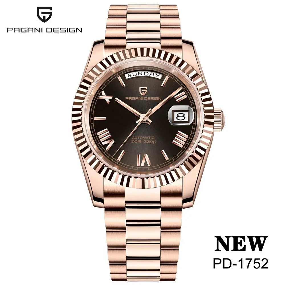 Pagani Design rose-gold 36mm automatic men's watch with day/date double calendar, sapphire crystal, 100m water resistant
