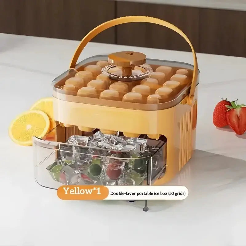 Simples Market yellow double-layer ice cube maker with lid and transparent front drawer, 50-grid press-type ice box