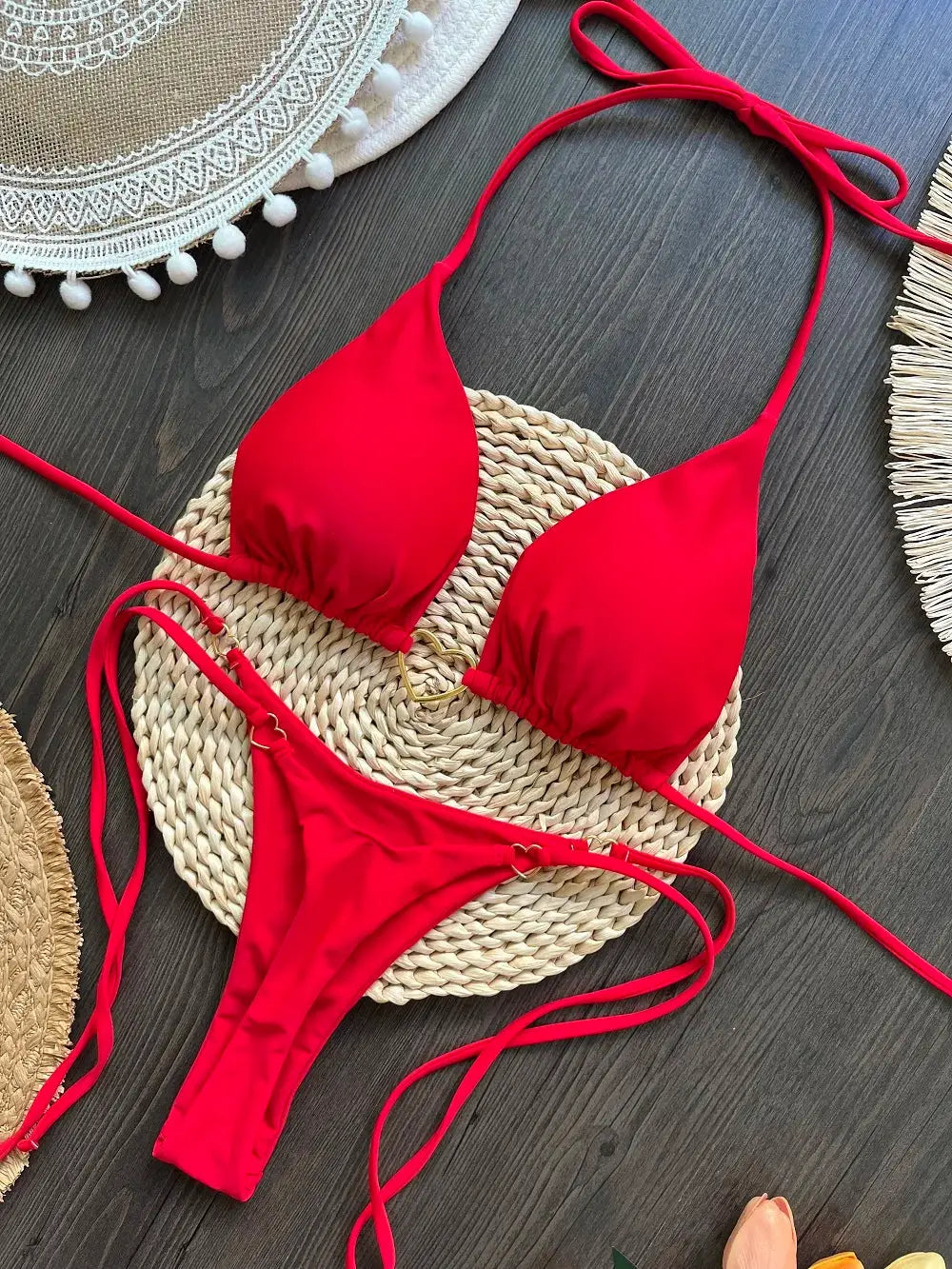 Red halter triangle bikini set with thong bottom, Simples Market two-piece swimsuit