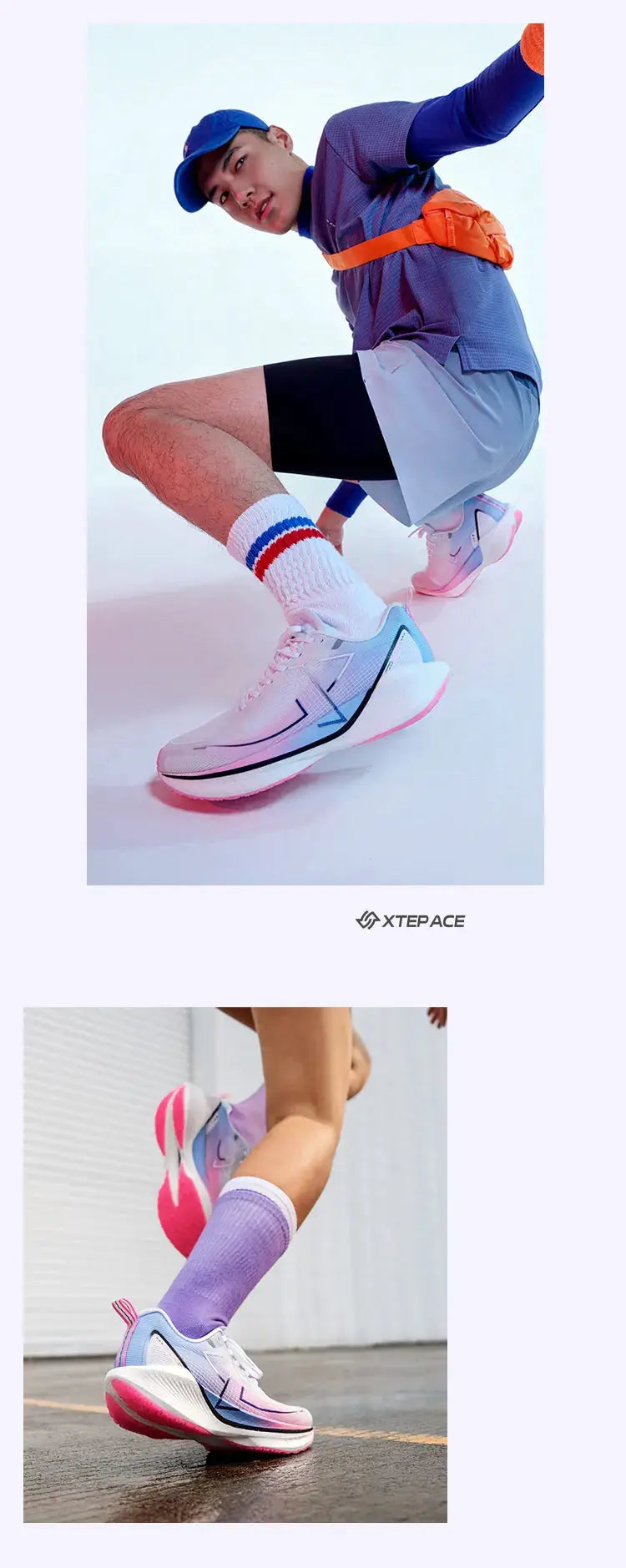 Two-view XTEPACE running shoes, pink-to-white gradient with blue accents, lightweight ETPU