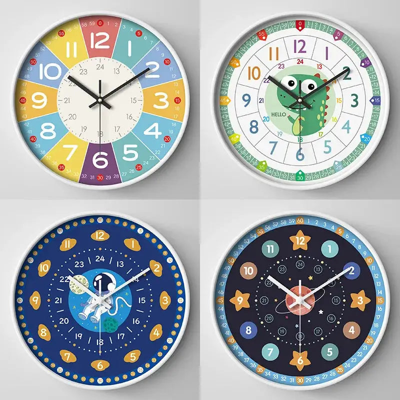 Set of four 8-inch Silent Teaching Time Clocks for Kids; colorful wheel, dinosaur, astronaut, and star designs