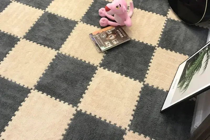 Soft EVA foam puzzle mat by Simples Market, beige and gray checkered interlocking playmat for infants