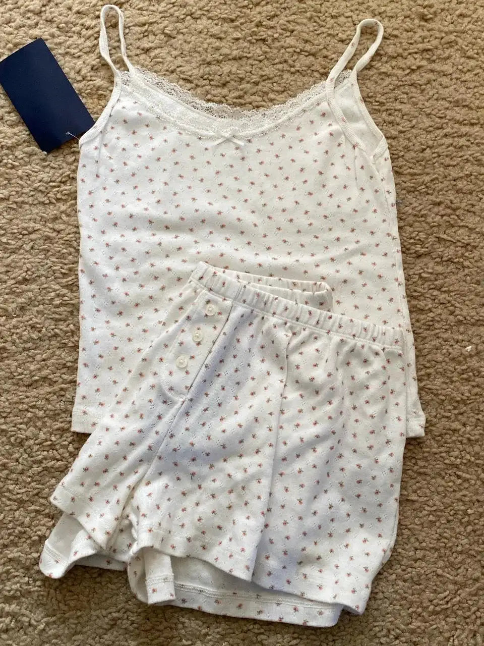 Strawberry Print Vest And Shorts Set For Women Eyelet Bow Tank Top