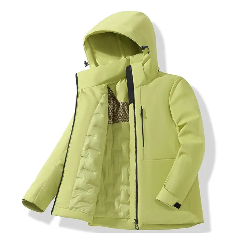JNLN unisex waterproof fleece jacket lime green with hood and front zip, thermal windbreaker for hiking