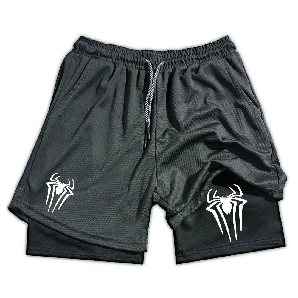 Men's black Y2K performance shorts with white spider prints, 2-in-1 mesh gym shorts