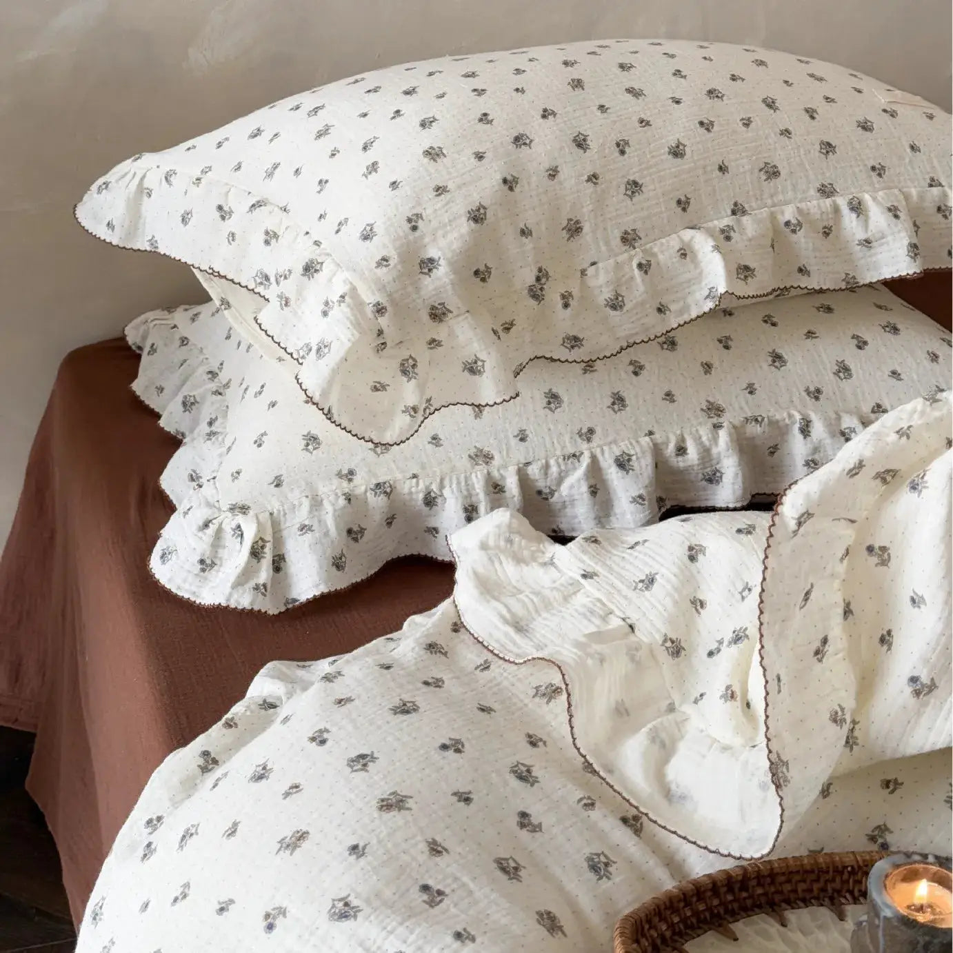 INS Princess Ruffle Edge Gauze 100% Cotton Bedding Set, white with small gray floral print and brown trim, 3-piece
