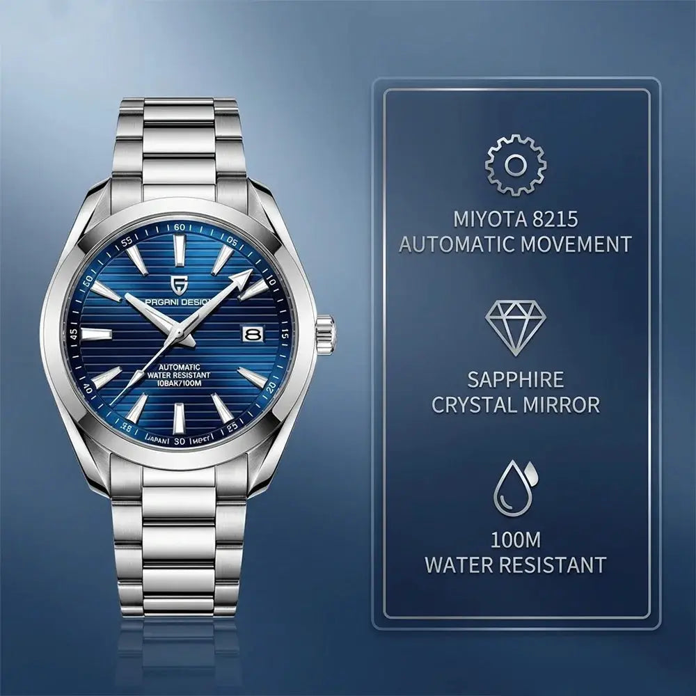 PAGANI DESIGN A150 40mm men's automatic watch with blue dial and stainless steel bracelet, 100m water resistant