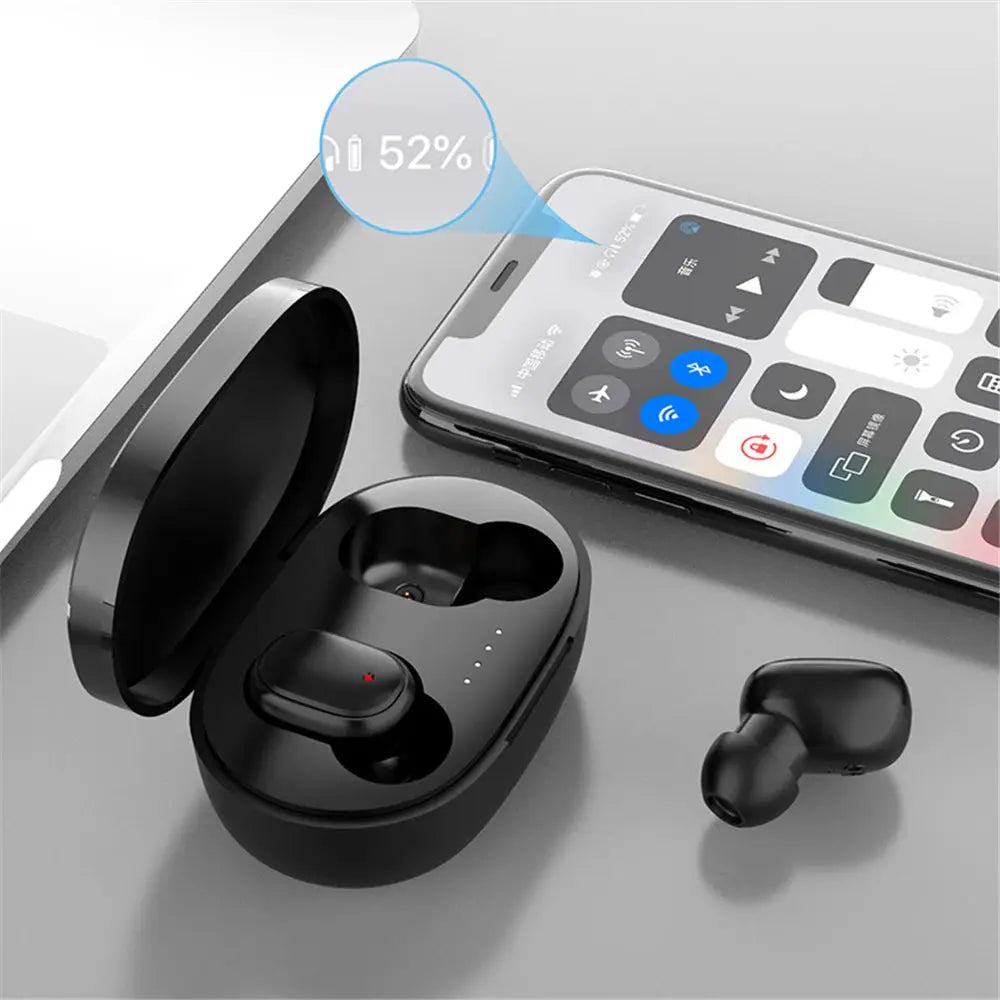 A6S wireless Bluetooth earphones in charging case, black with LED indicators