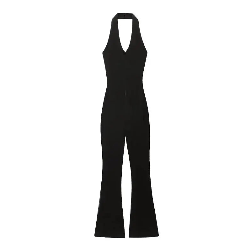 Jumpsuit black sleeveless halter with front zipper and flared legs