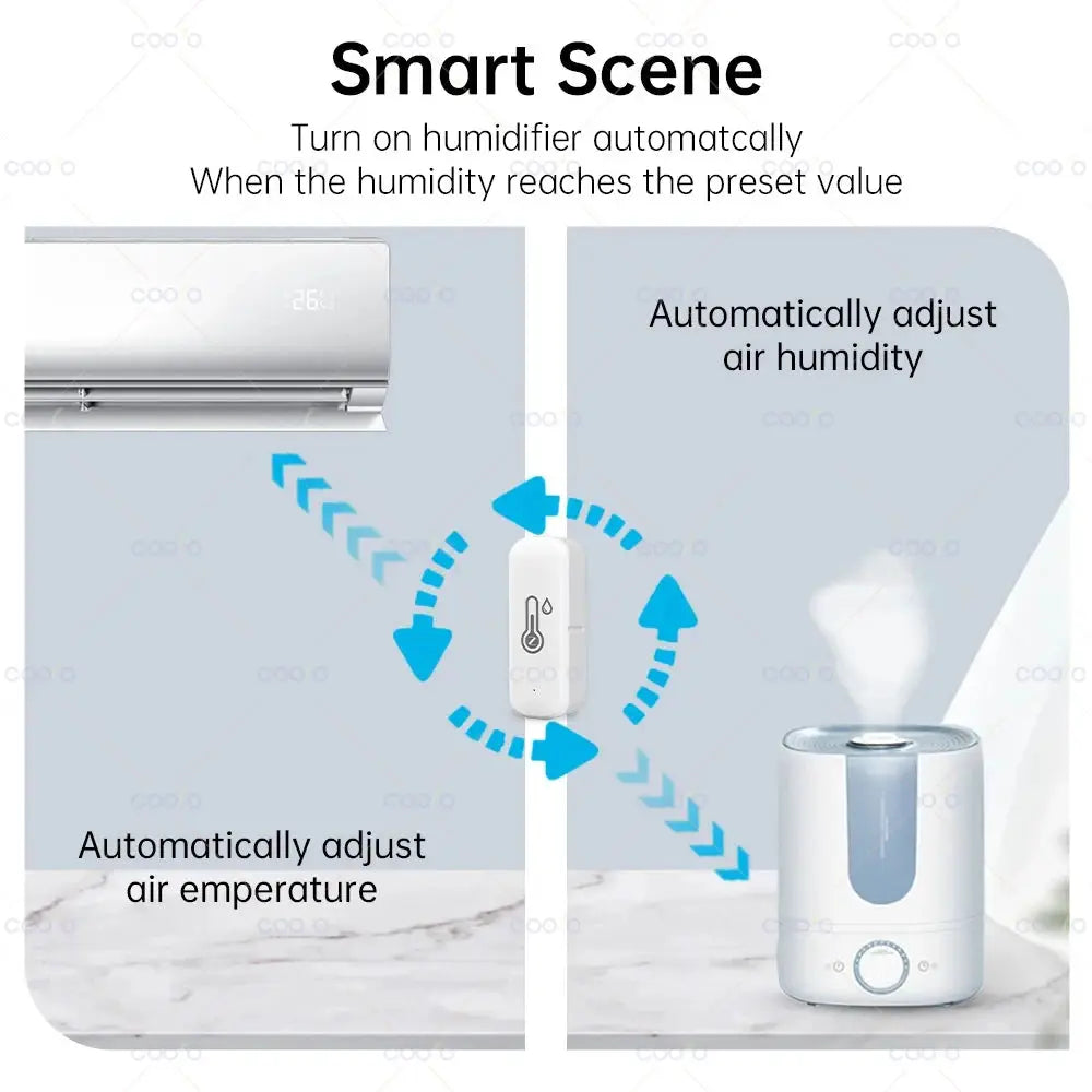 Zigbee 3.0 temperature humidity sensor by Simples Market, white smart home trio with AC and humidifier